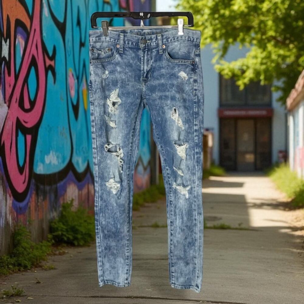 American Eagle Men's 28x32 Flex Acid Wash Destroyed Skinny Denim Jeans